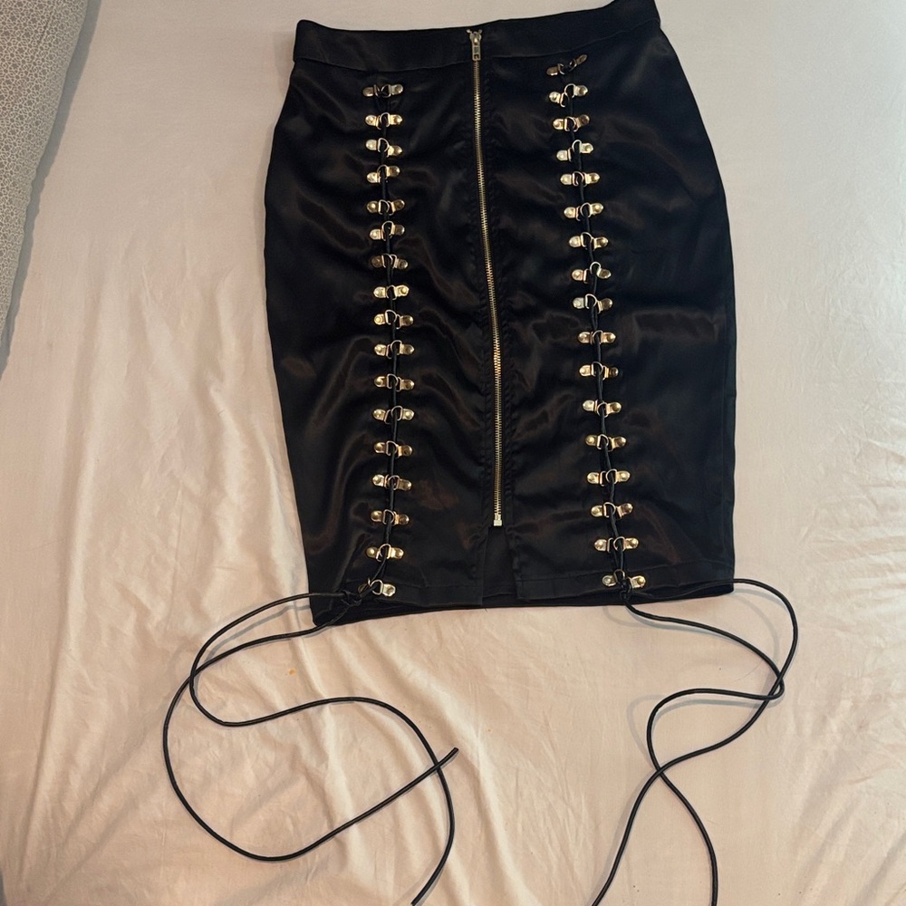 Black Zip/Lace-Up Satin Pencil Skirt w/ gold accents | Sz M